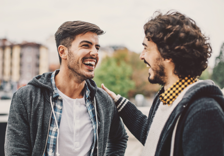 two men laughing how to respond to what's up