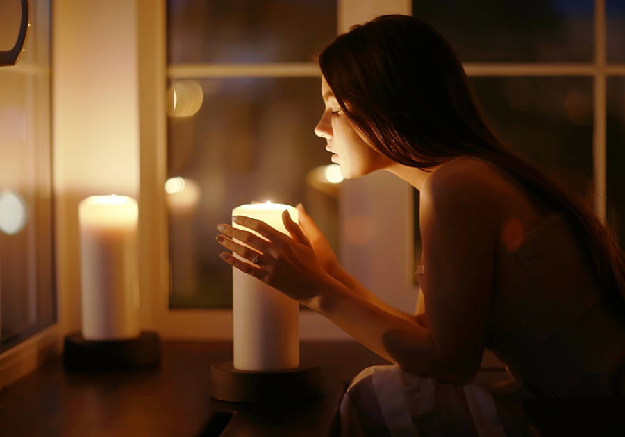 woman sitting by candle signs of blocked feminine energy