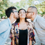 two men kissing woman on cheek Rules for Throuple Dating