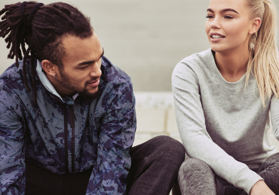 young couple taking a rest from jogging together how long should the talking stage last