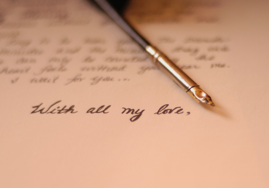 fountain pen and a snippet of a love letter open when letters for him