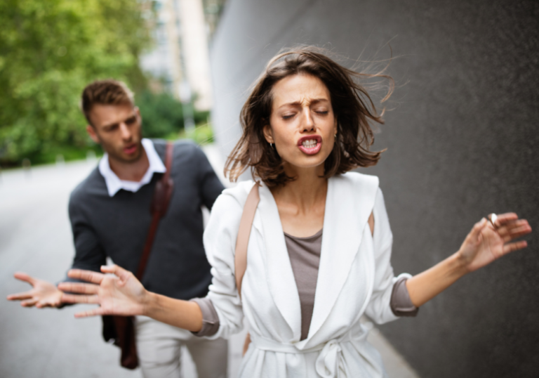 woman talking while walking away from man toxic person tests