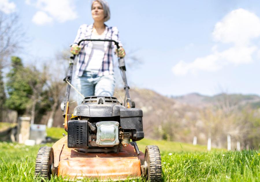 woman mowing grass 50-50 relationship