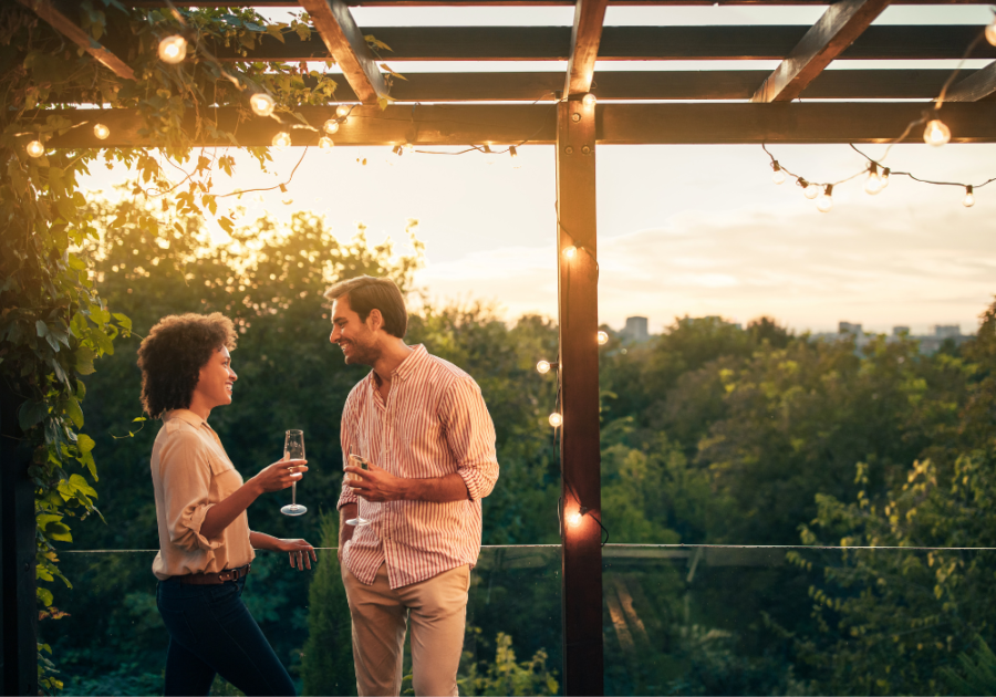 couple talking outdoors drinking wine Dating After Divorce