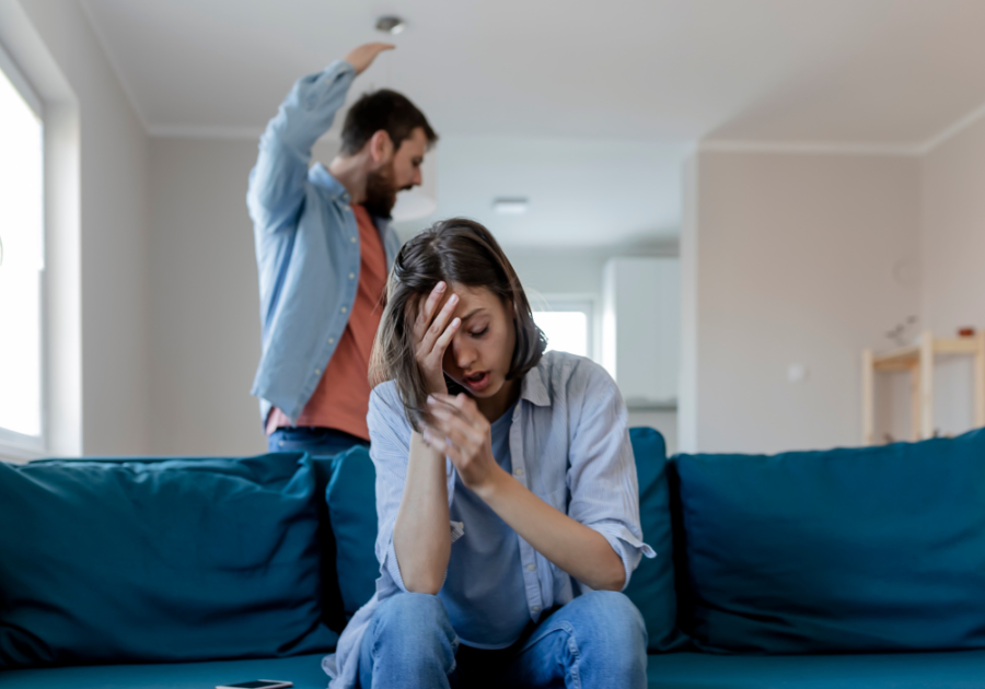 angry man woman crying on sofa Breaking Up with a Narcissist