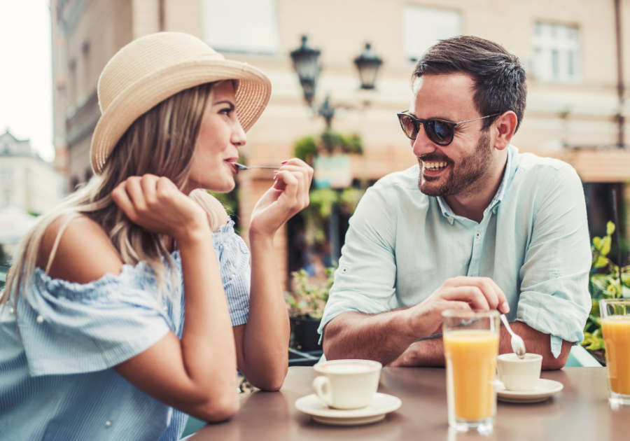 Couple having coffee outdoors Friends with Benefits rules