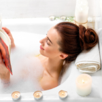 woman taking a bubble bath alone on a Friday night